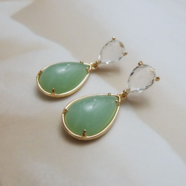 Gloss double teardrop earrings with clear faceted stud and mint glossy drop