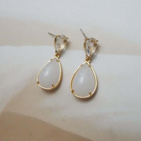 Navratri White Jewellery - Royal Reflection DS Gloss double teardrop earrings with clear faceted stud and white glossy drop