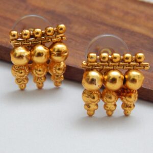 Close-Up of Gold Beaded Earrings with Dangling Elements – Royal Reflection DS