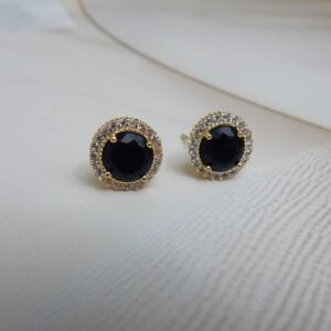 Round halo stud earrings with jet black centre stone and American diamond surround in gold finish