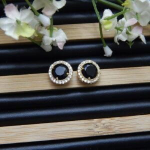 Double Halo Brass Stud Earrings with Jet Black Central Stone – Royal Reflection DS
