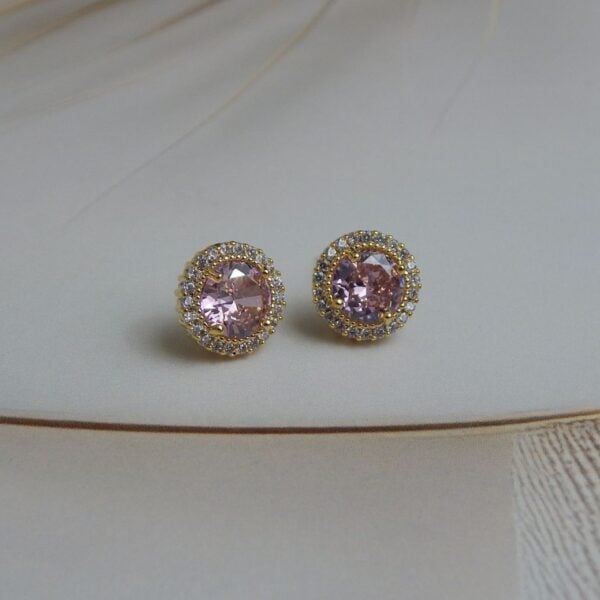 Navratri Purple Jewellery - Royal Reflection DS Double Halo Brass Stud Earrings with Blush Pink Central Stone – Royal Reflection DS