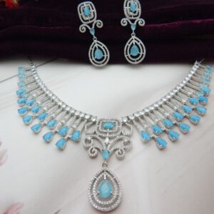 Jeevan blue american diamond fringe necklace set in turquoise with matching earrings