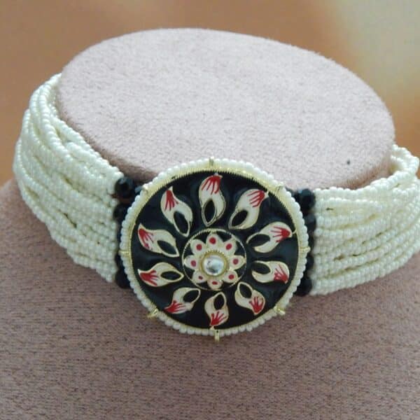Meenakari choker necklace set in bl;ack with seed pearls and enamel medallion