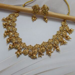 Antique Finish Lakshmi Temple Gold Necklace with Matching Earrings – Royal Reflection DS