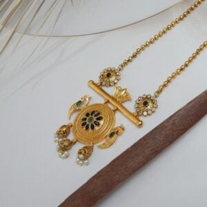 Antique gold lotus peacock pendant necklace with Green and blue gemstones - Royal Reflection DS