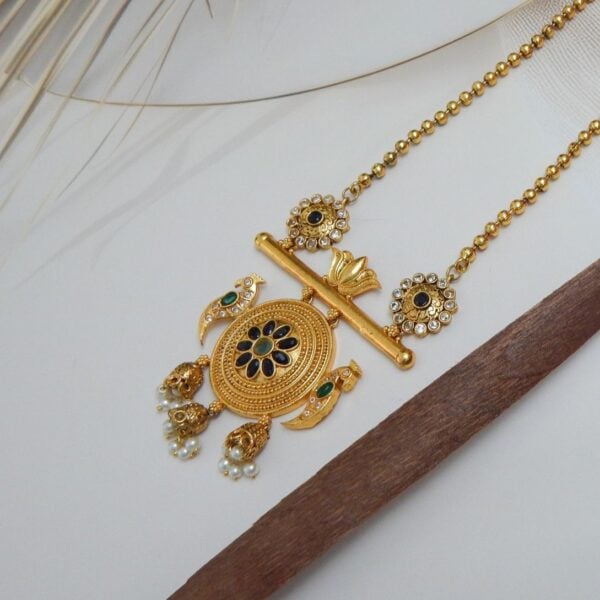 Navratri Royal Blue Jewellery - Royal Reflection DS Antique gold lotus peacock pendant necklace with Green and blue gemstones - Royal Reflection DS