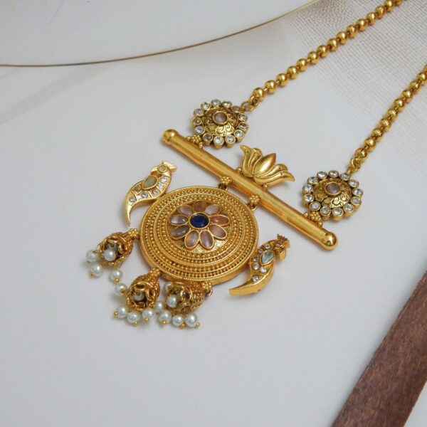 Antique gold lotus peacock pendant necklace with pink and green gemstones - Royal Reflection DS