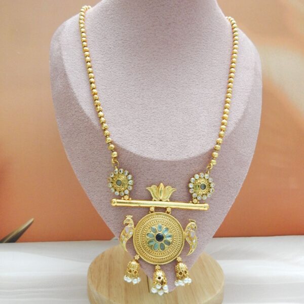 Antique gold lotus peacock pendant necklace with Green and pink gemstones - Royal Reflection DS