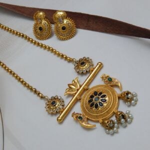 Antique gold lotus peacock pendant necklace with Green and blue gemstones - Royal Reflection DS
