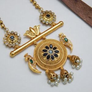 Antique gold lotus peacock pendant necklace with Green and blue gemstones - Royal Reflection DS