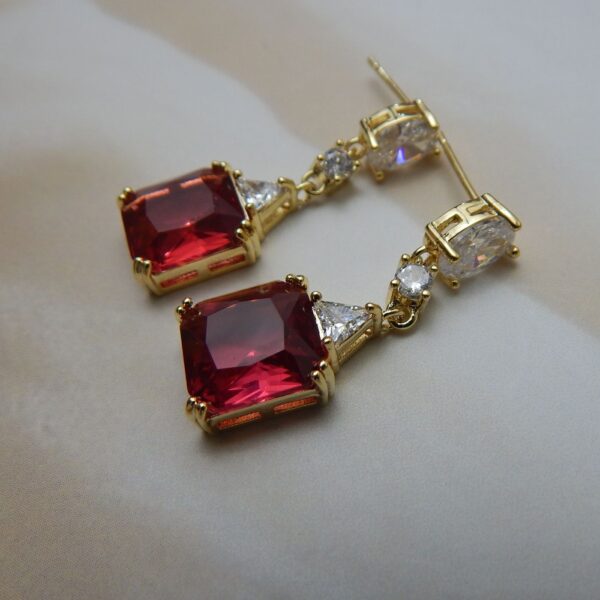 Ruby red square-cut drop earrings with gold finish – Royal Reflection DS
