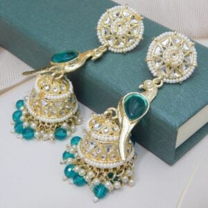 Dark Cyan-Parrot Motif Jhumka Earrings with Teal Beads and Kundan Work – Royal Reflection DS