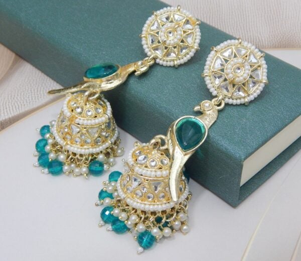 Dark Cyan-Parrot Motif Jhumka Earrings with Teal Beads and Kundan Work – Royal Reflection DS