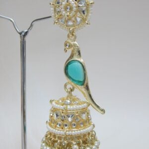 Dark Cyan-Parrot Motif Jhumka Earrings with Teal Beads and Kundan Work – Royal Reflection DS