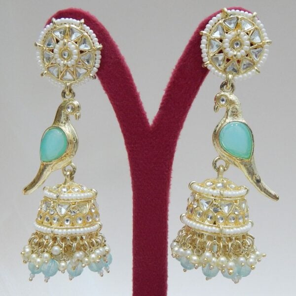 Aqua-Parrot Motif Jhumka Earrings with Teal Beads and Kundan Work – Royal Reflection DS