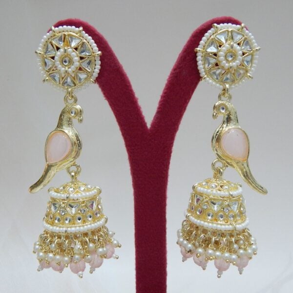 Navratri Yellow Jewellery - Royal Reflection DS beige-Parrot Motif Jhumka Earrings with Teal Beads and Kundan Work – Royal Reflection DS