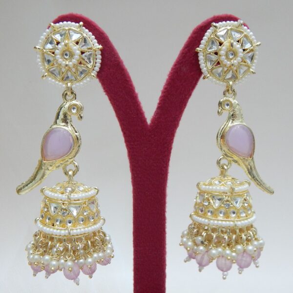 Blush Pink-Parrot Motif Jhumka Earrings with Teal Beads and Kundan Work – Royal Reflection DS