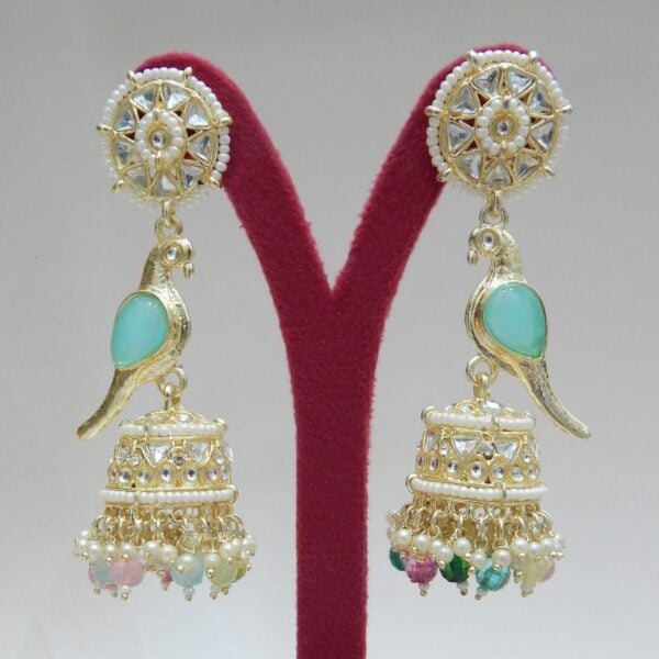Navratri Peacock Green Jewellery - Royal Reflection DS Cyan-Parrot Motif Jhumka Earrings with Teal Beads and Kundan Work – Royal Reflection DS