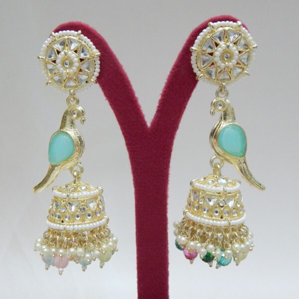 Cyan-Parrot Motif Jhumka Earrings with Teal Beads and Kundan Work – Royal Reflection DS