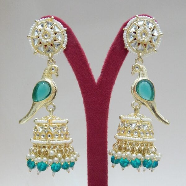 Navratri Peacock Green Jewellery - Royal Reflection DS Dark Cyan-Parrot Motif Jhumka Earrings with Teal Beads and Kundan Work – Royal Reflection DS