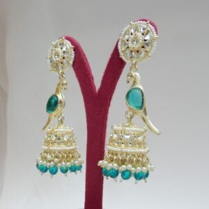 Dark Cyan-Parrot Motif Jhumka Earrings with Teal Beads and Kundan Work – Royal Reflection DS