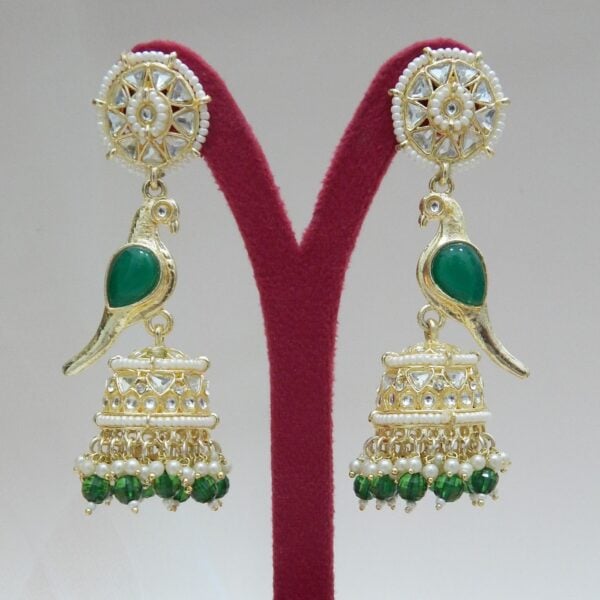 Navratri Green Jewellery - Royal Reflection DS Green -Parrot Motif Jhumka Earrings with Teal Beads and Kundan Work – Royal Reflection DS