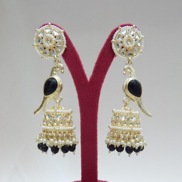 Indigo -Parrot Motif Jhumka Earrings with Teal Beads and Kundan Work – Royal Reflection DS