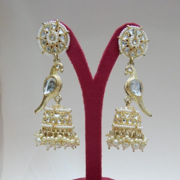 Navratri White Jewellery - Royal Reflection DS White -Parrot Motif Jhumka Earrings with Teal Beads and Kundan Work – Royal Reflection DS