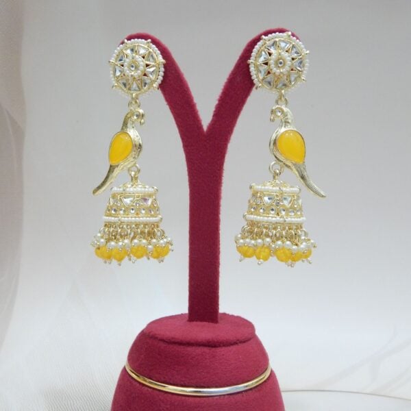 Navratri Yellow Jewellery - Royal Reflection DS Yellow-Parrot Motif Jhumka Earrings with Teal Beads and Kundan Work – Royal Reflection DS