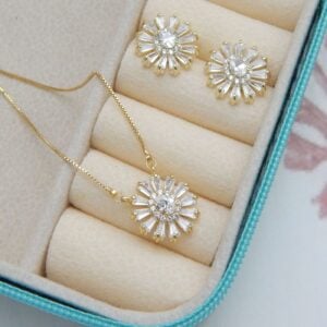 Radiant Bloom Pendant Set in Gold Finish with Sunburst Crystal Design – Royal Reflection DS