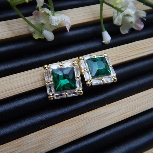 Navratri Green Jewellery - Royal Reflection DS Brass Square Stud Earrings with Framed Emerald Green Gemstone – Royal Reflection DS