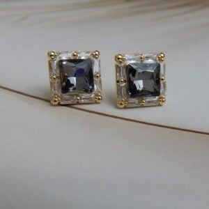 Brass Square Stud Earrings with Framed Smoky Grey Gemstone – Royal Reflection DS