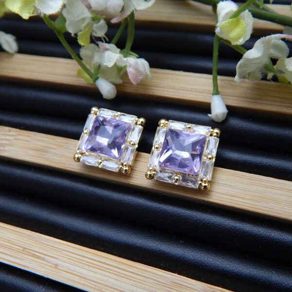Brass Square Stud Earrings with Framed Lavender Gemstone – Royal Reflection DS