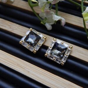 Brass Square Stud Earrings with Framed Smoky Grey Gemstone – Royal Reflection DS