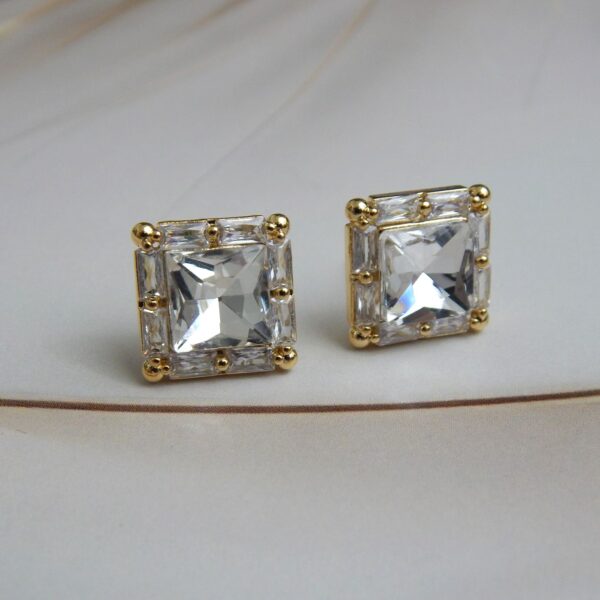 Brass Square Stud Earrings with Framed White Crystal – Royal Reflection DS