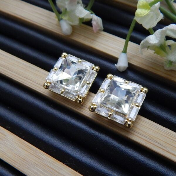 Navratri White Jewellery - Royal Reflection DS Brass Square Stud Earrings with Framed White Crystal – Royal Reflection DS