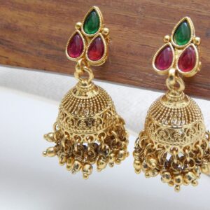 Guttapusalu jhumka earrings with ruby red and emerald green teardrop stones — Multi variant