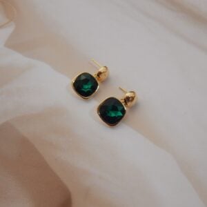 Gold-Tone Brass Square Crystal Earrings with Faceted Green Stone – Royal Reflection DS