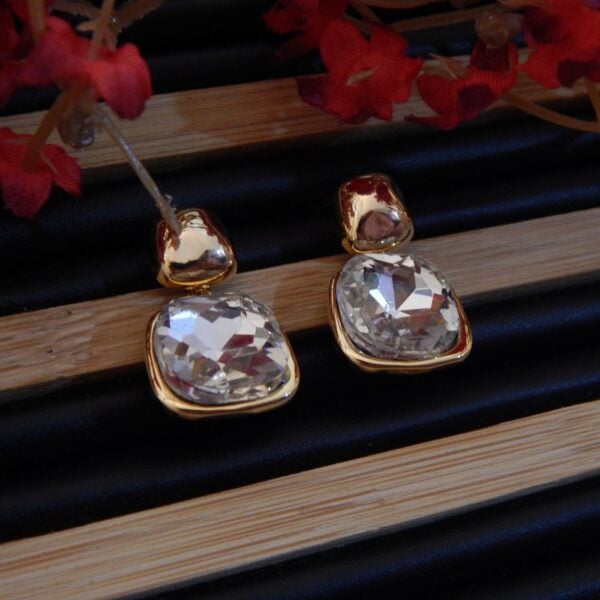Navratri White Jewellery - Royal Reflection DS Gold-Tone Brass Square Crystal Earrings with Faceted Clear Crystal – Royal Reflection DS