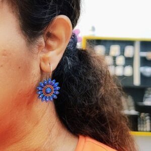 Blue Sunburst Tanjore Dangle Earrings with Hand-Painted Floral Design – Royal Reflection DS