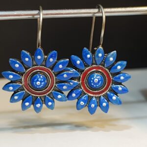 Blue Sunburst Tanjore Dangle Earrings with Hand-Painted Floral Design – Royal Reflection DS