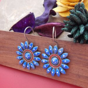 Blue Sunburst Tanjore Dangle Earrings with Hand-Painted Floral Design – Royal Reflection DS