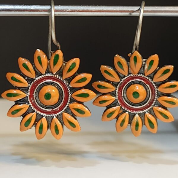 Yellow Sunburst Tanjore Dangle Earrings with Hand-Painted Floral Design – Royal Reflection DS