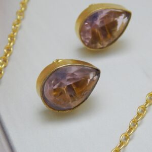 Trio Gem Gold-Plated Pendant Set with Earrings featuring Pearl, Black, and Pink Stones – Royal Reflection DS