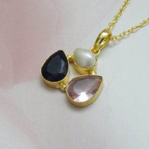 Trio Gem Gold-Plated Pendant Set with Earrings featuring Pearl, Black, and Pink Stones – Royal Reflection DS
