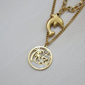 Tropical Dream Gold Necklace with Dolphin and Palm Tree Pendant – Royal Reflection DS