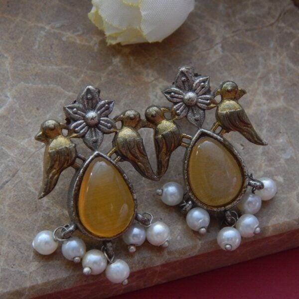 Navratri Orange Jewellery - Royal Reflection DS Twin Bird Gem Drop Earrings in Amber Stone with Pearl Danglers – Royal Reflection DS