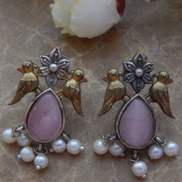 Twin Bird Gem Drop Earrings in Pink Stone with Pearl Danglers – Royal Reflection DS