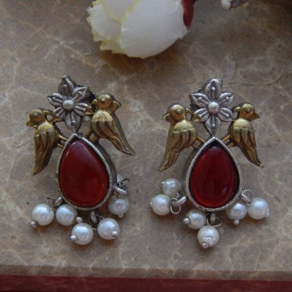 Navratri Red Jewellery - Royal Reflection DS Twin Bird Gem Drop Earrings in Maroon Stone with Pearl Danglers – Royal Reflection DS
